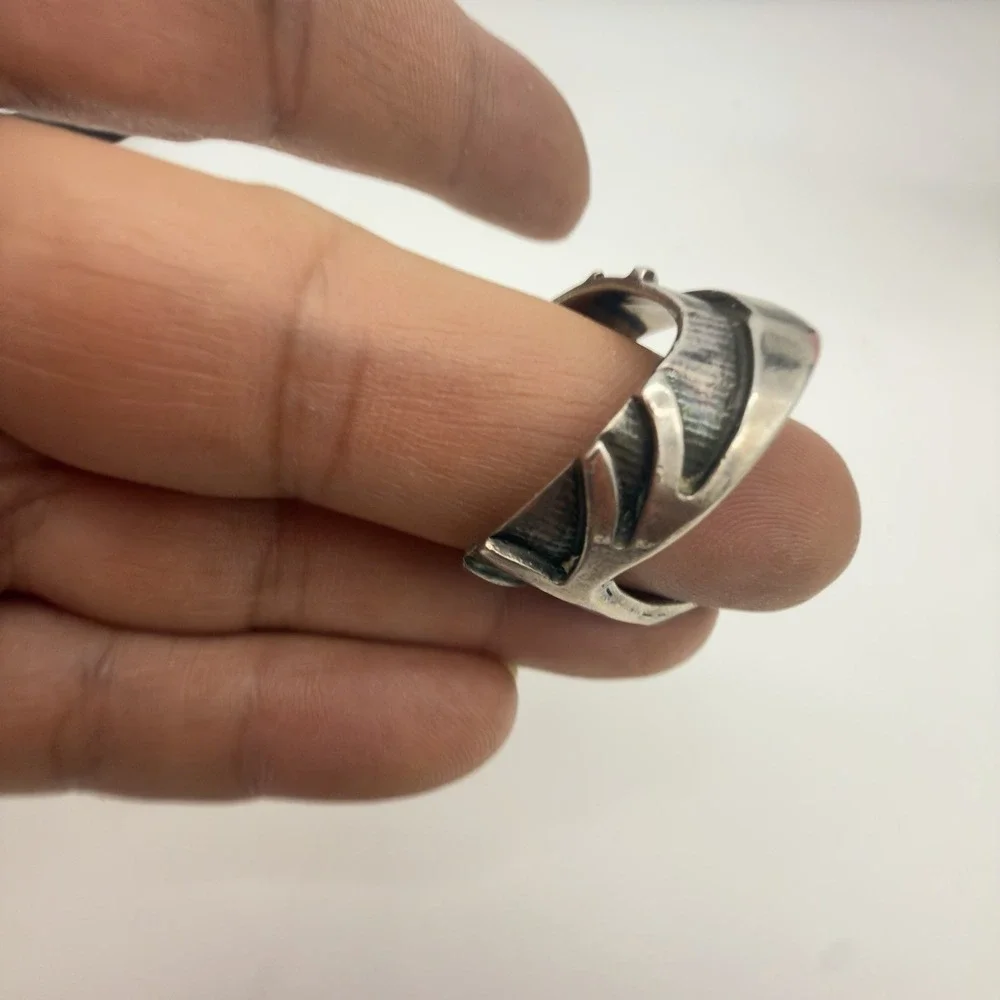 Vtg Custom Made Sterling Damascus Steel Ring Solid 14k Gold Inlay Hammered Read